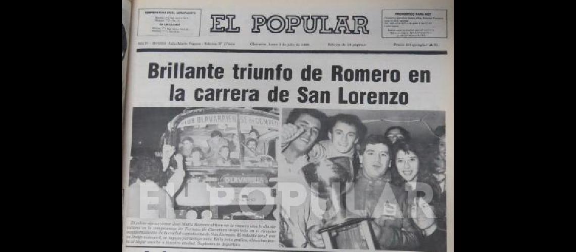 La tapa de EL POPULAR de 1988 el dÃ­a despuÃ©s de ganar su primera carrera 