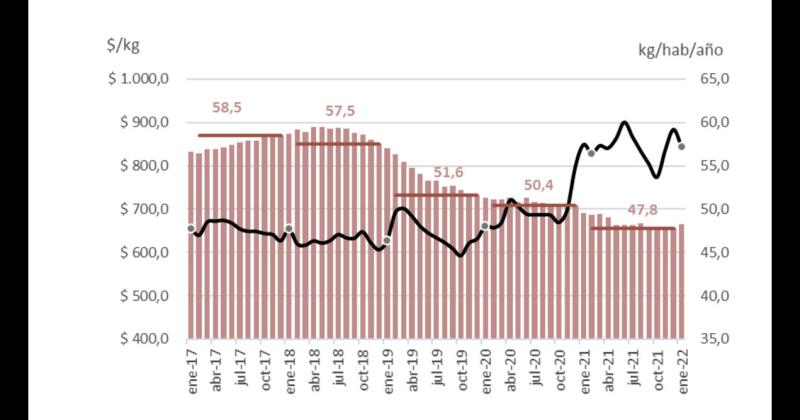 Evolución mensual del consumo de carne vacuna (MAGyP) y el precio promedio pagado por el consumidor (IPCVA) medido en pesos constantes a enero de 2022