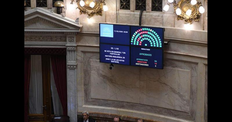 La votación reflejada en el tablero del Senado- 56 a favor 13 en contra y tres abstenciones