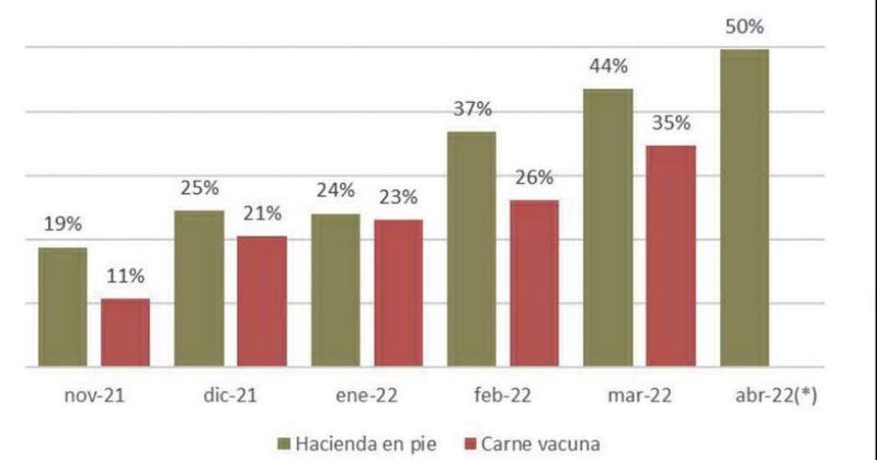 Incrementos acumulados del precio de la hacienda (promedio Liniers para novillitos y vaquillonas) y del precio de la carne (promedio de cortes informado por el IPCVA) desde octubre de 2021