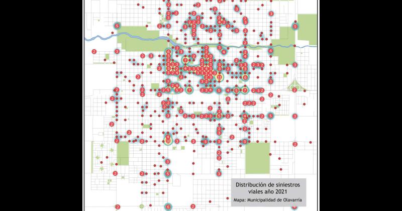 En el mapa de la Municipalidad de Olavarría se ubican los puntos donde ocurrieron la mayor cantidad de siniestros viales