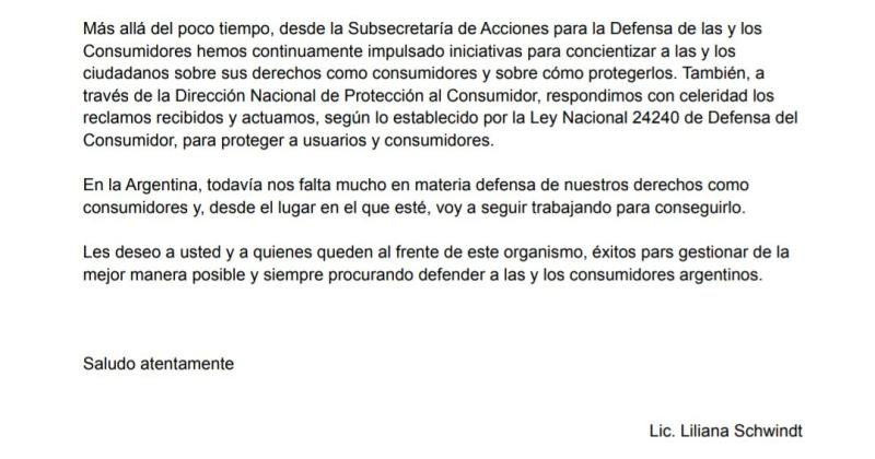 Renuncioacute Liliana Schwindt a la Subsecretariacutea de Defensa de los Consumidores