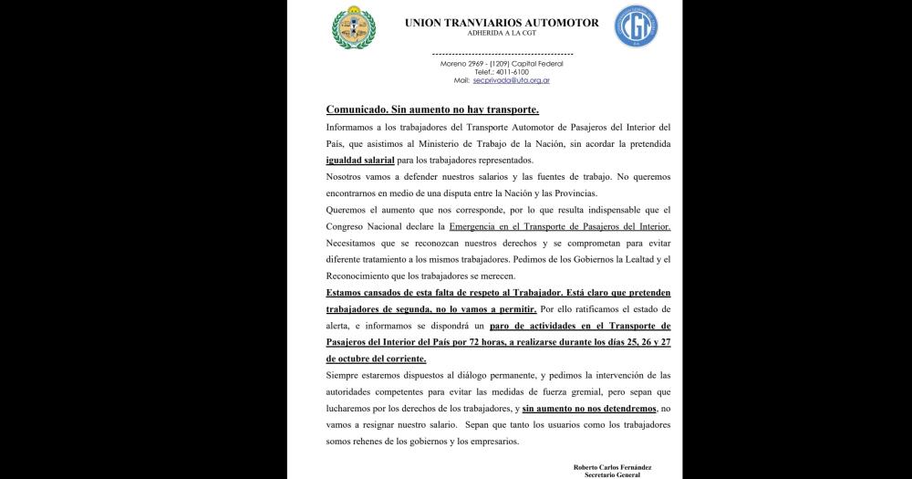 UTA anuncioacute un paro de colectivos por 72 horas para la proacutexima semana