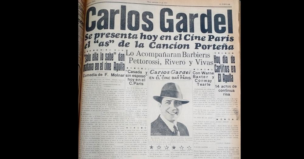 La portada del diario El Popular del 17 de mayo de 1933 anunciando la presentación de Carlos Gardel en Olavarría donde brindaba un recital en el Cine Bar París