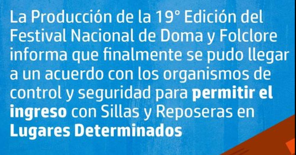 El Festival Nacional de Doma y Folclore habilitoacute el ingreso de sillas o reposeras al predio